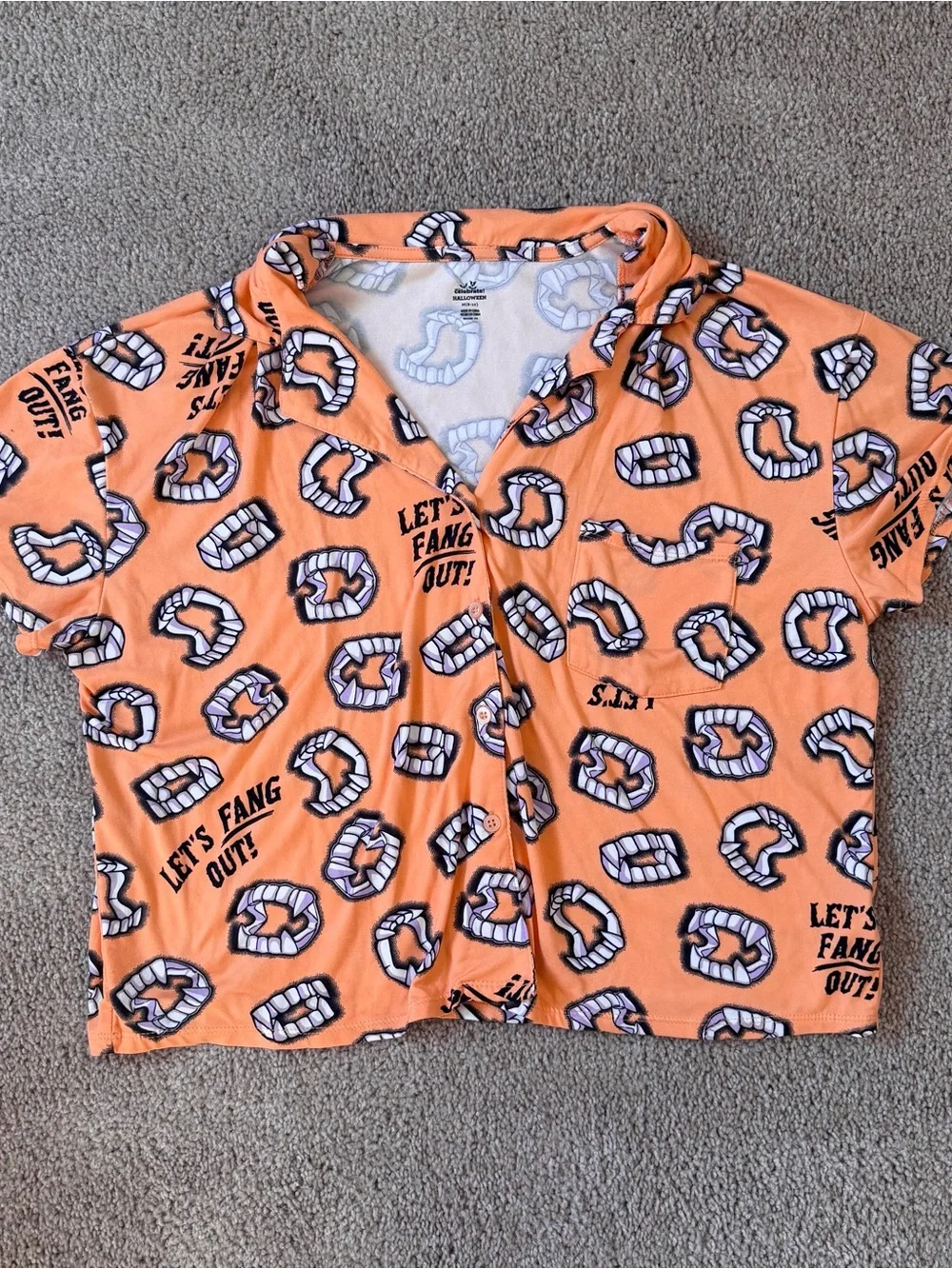 Women's Halloween Orange Graphic Short Pajama Set Let's Fang Out Vampire Medium